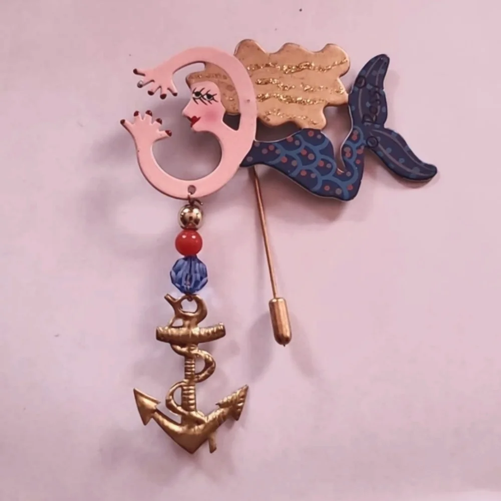 FANCIFUL FLIGHTS Nautical Mermaid Under the Sea Anchor Golden Hair Stick Pin